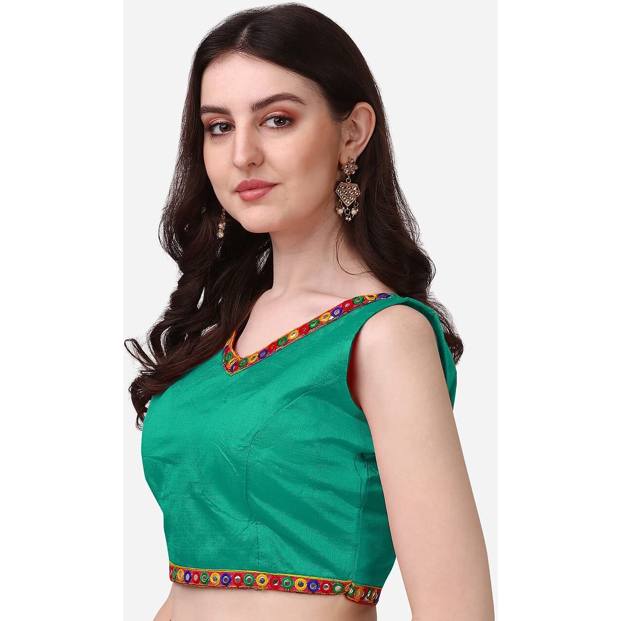Pujia Mills Womens Phantom Silk V Neck Deep Back Multicolored Tussel Jhumka Foil Mirror Lace Work Sleeveless Readymade Saree Blouse For Lehenga Choli
