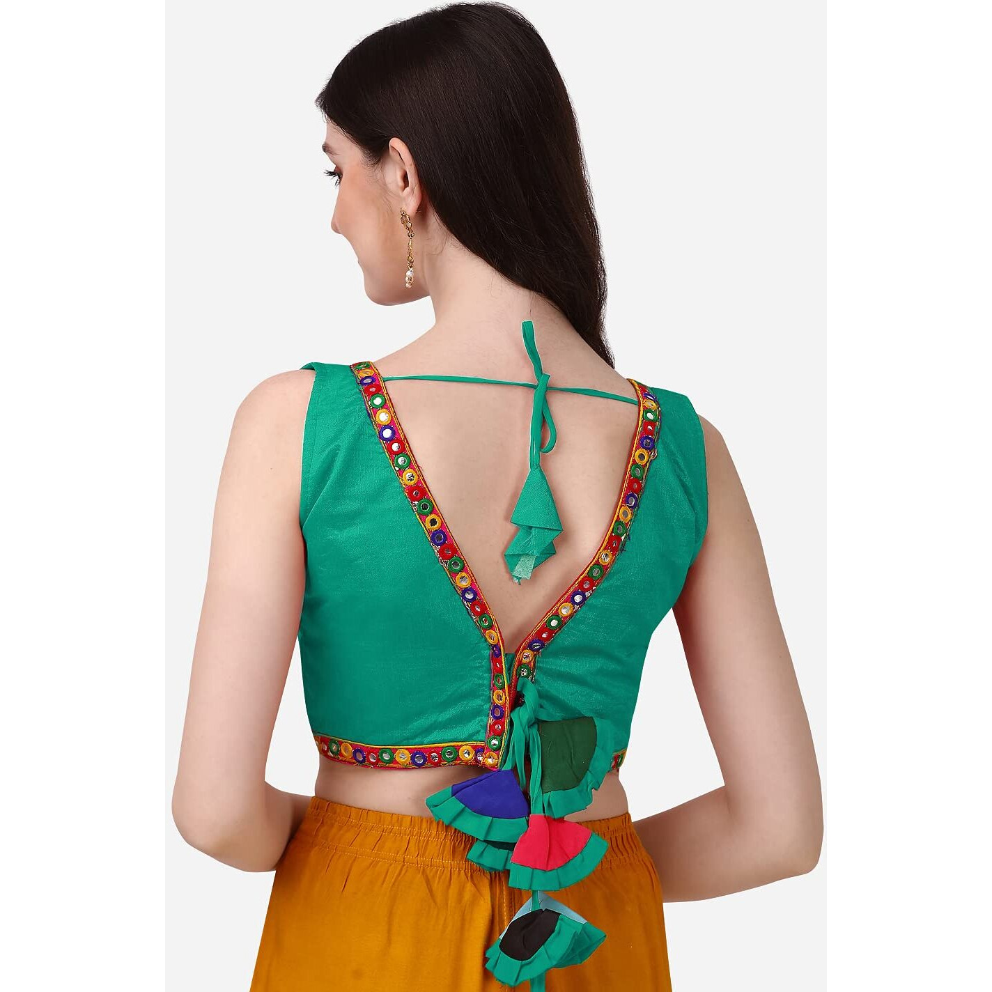 Pujia Mills Womens Phantom Silk V Neck Deep Back Multicolored Tussel Jhumka Foil Mirror Lace Work Sleeveless Readymade Saree Blouse For Lehenga Choli