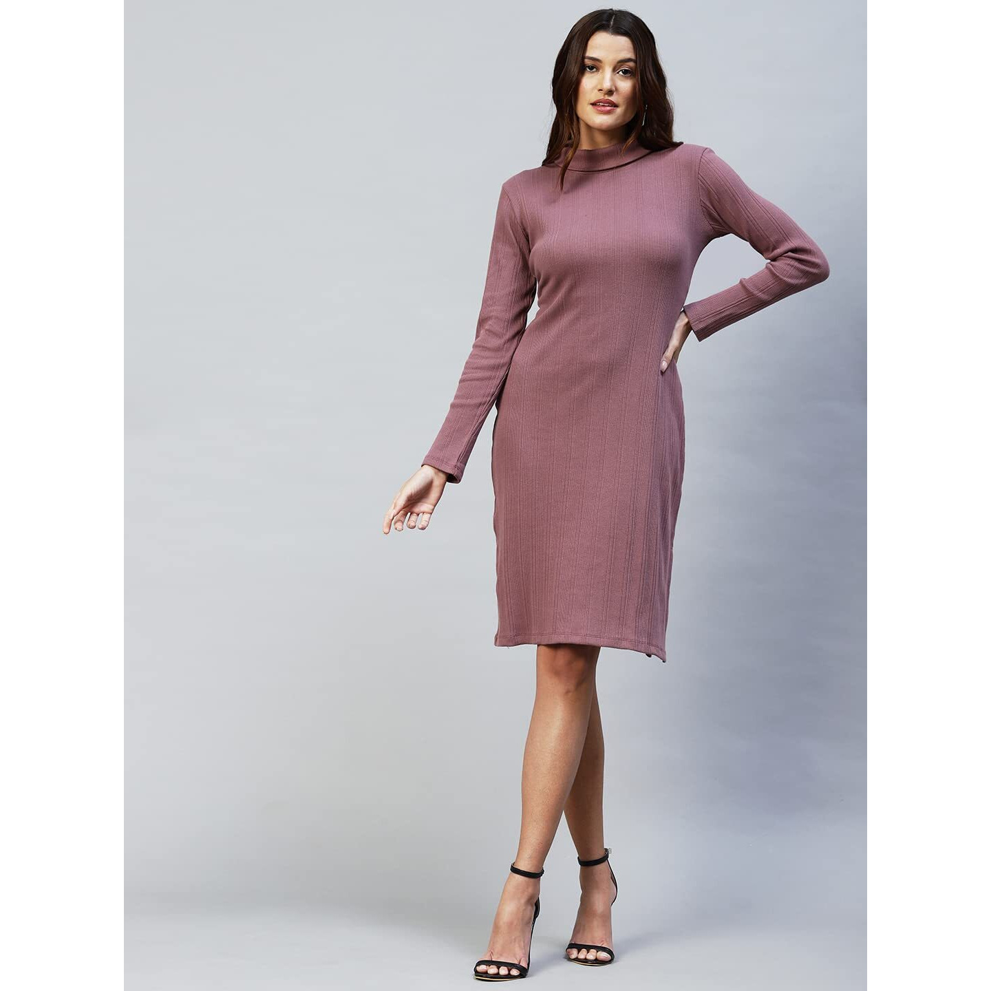 Rigo Cotton Bodycon Midi Dress For Women | Slim Fit Casual Midi Western Dress For Women Purple
