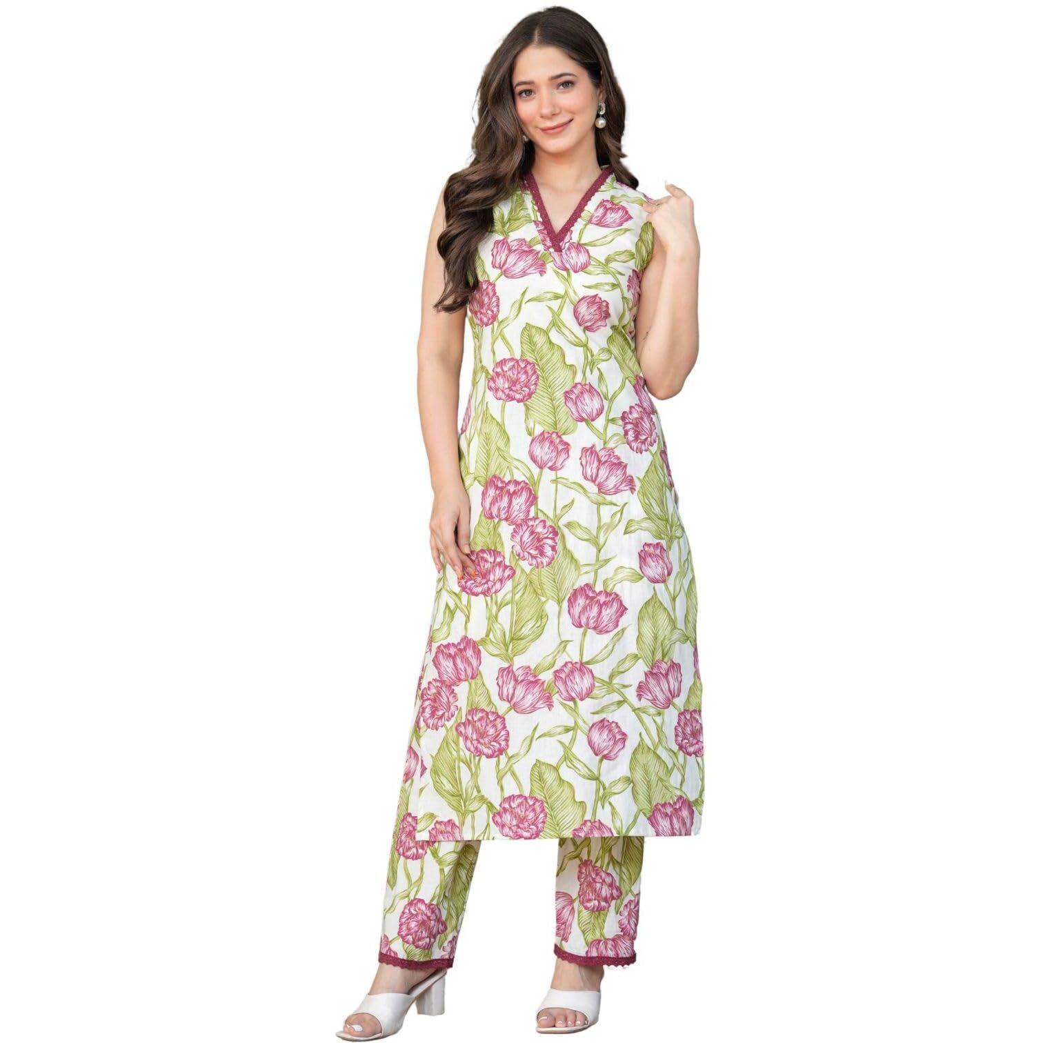Rytras Womens Pure Cotton Printed Ethnic Wear Straight Kurta Set With Palazzo Pants(Ryt639-New,Green,M)