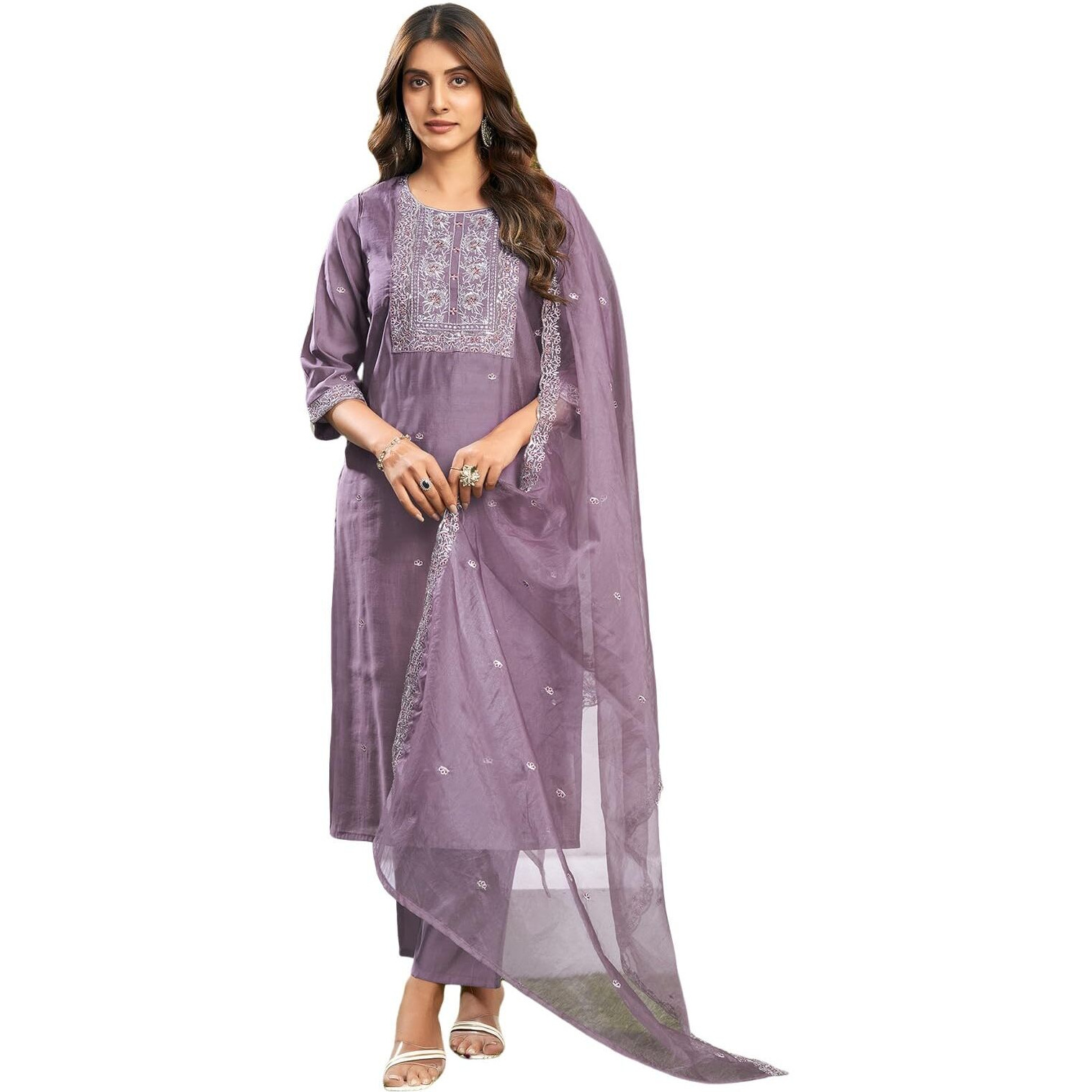 Sanisa Womens Silk Blend Sequence And Embroidery Work Straight Kurta With Pant And Dupatta Set (191Kbd2032N-Xxl_Dusty Purple)