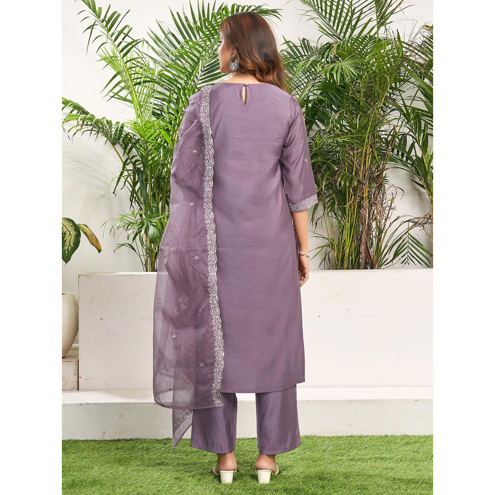 Sanisa Womens Silk Blend Sequence And Embroidery Work Straight Kurta With Pant And Dupatta Set (191Kbd2032N-Xxl_Dusty Purple)