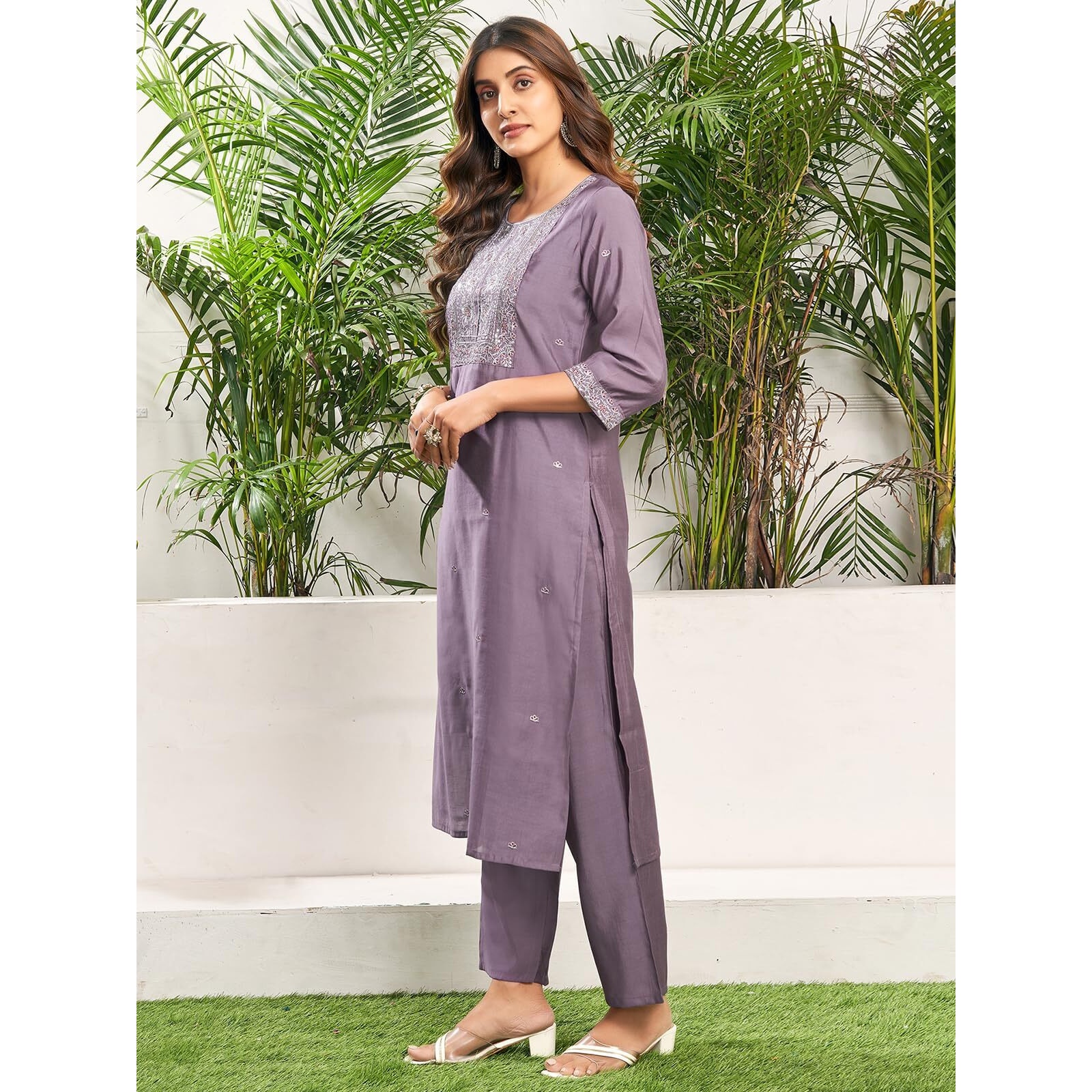 Sanisa Womens Silk Blend Sequence And Embroidery Work Straight Kurta With Pant And Dupatta Set (191Kbd2032N-Xxl_Dusty Purple)