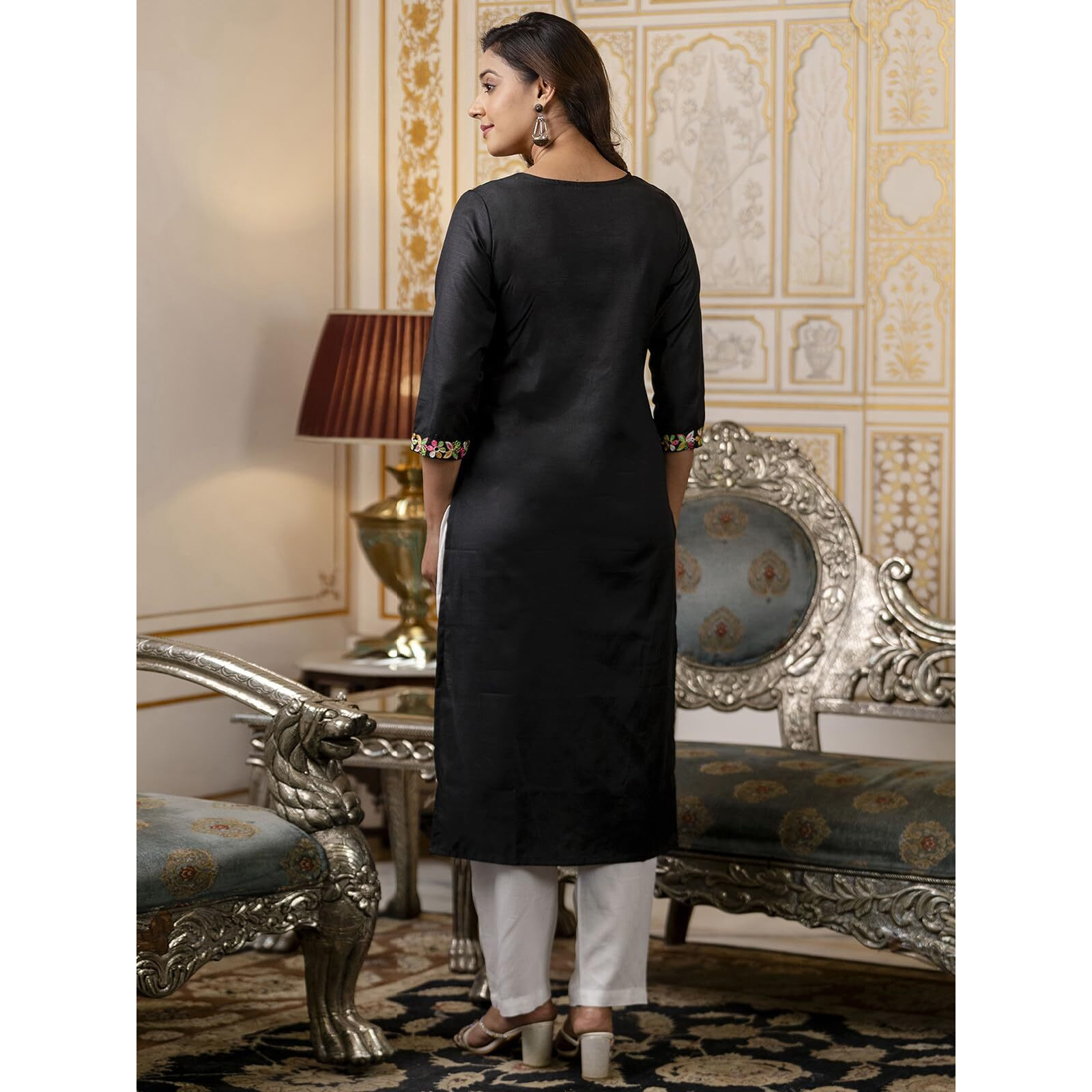 Sanisa Womens Cotton Blend Chikankari Embroidery Straight Kurti (481K10058N-S_Black)