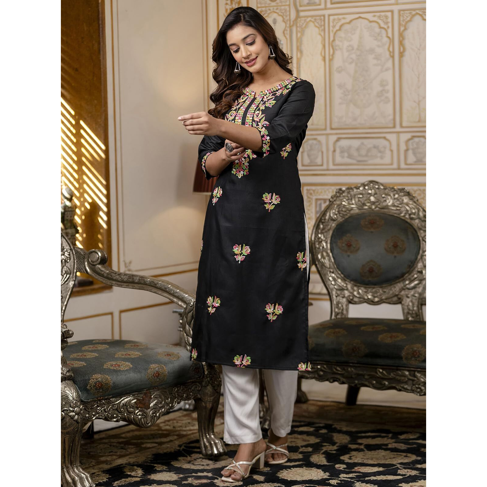 Sanisa Womens Cotton Blend Chikankari Embroidery Straight Kurti (481K10058N-S_Black)
