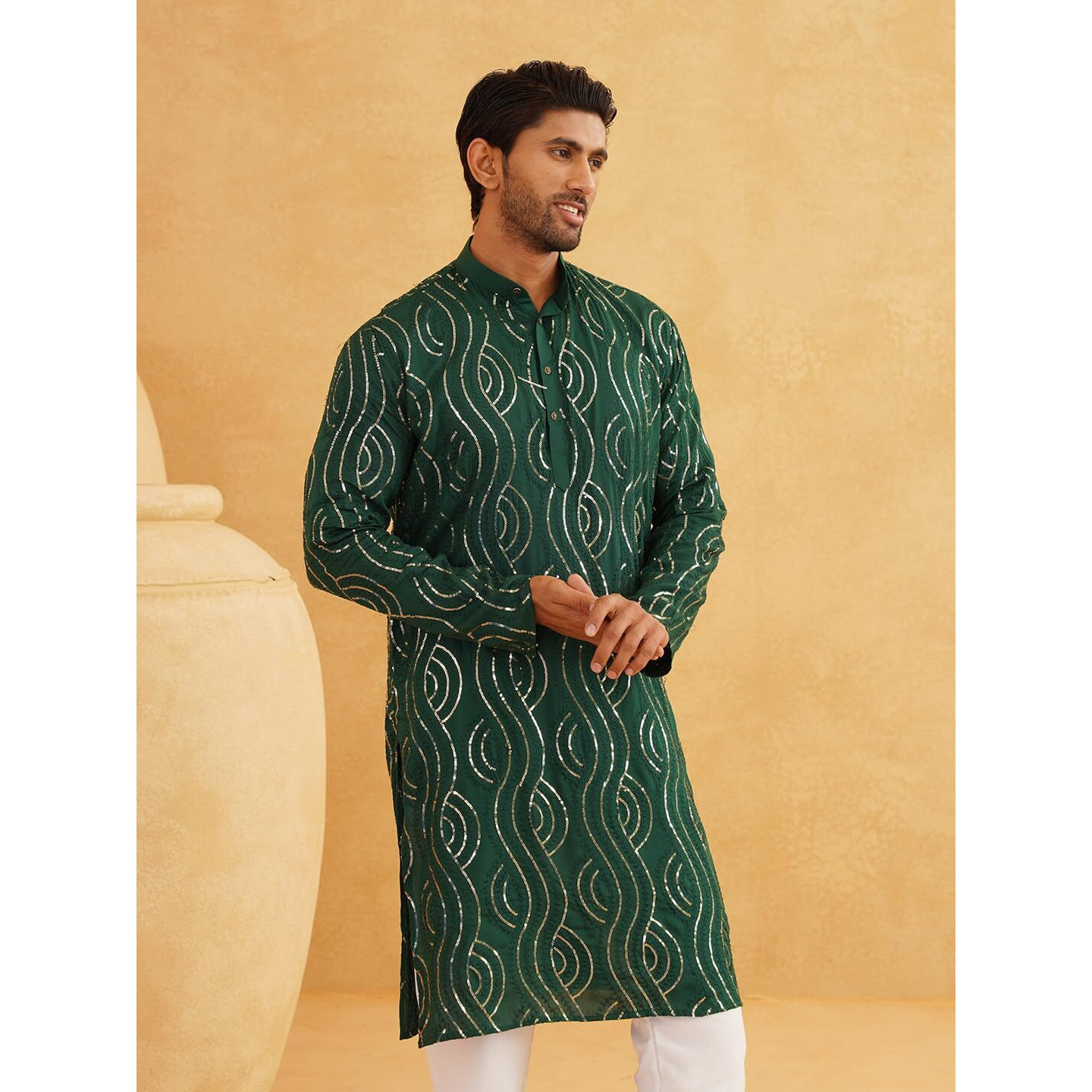 Sojanya (Since 1958 Mens Embroidered Sequinned Cotton Dark Green Long Kurta