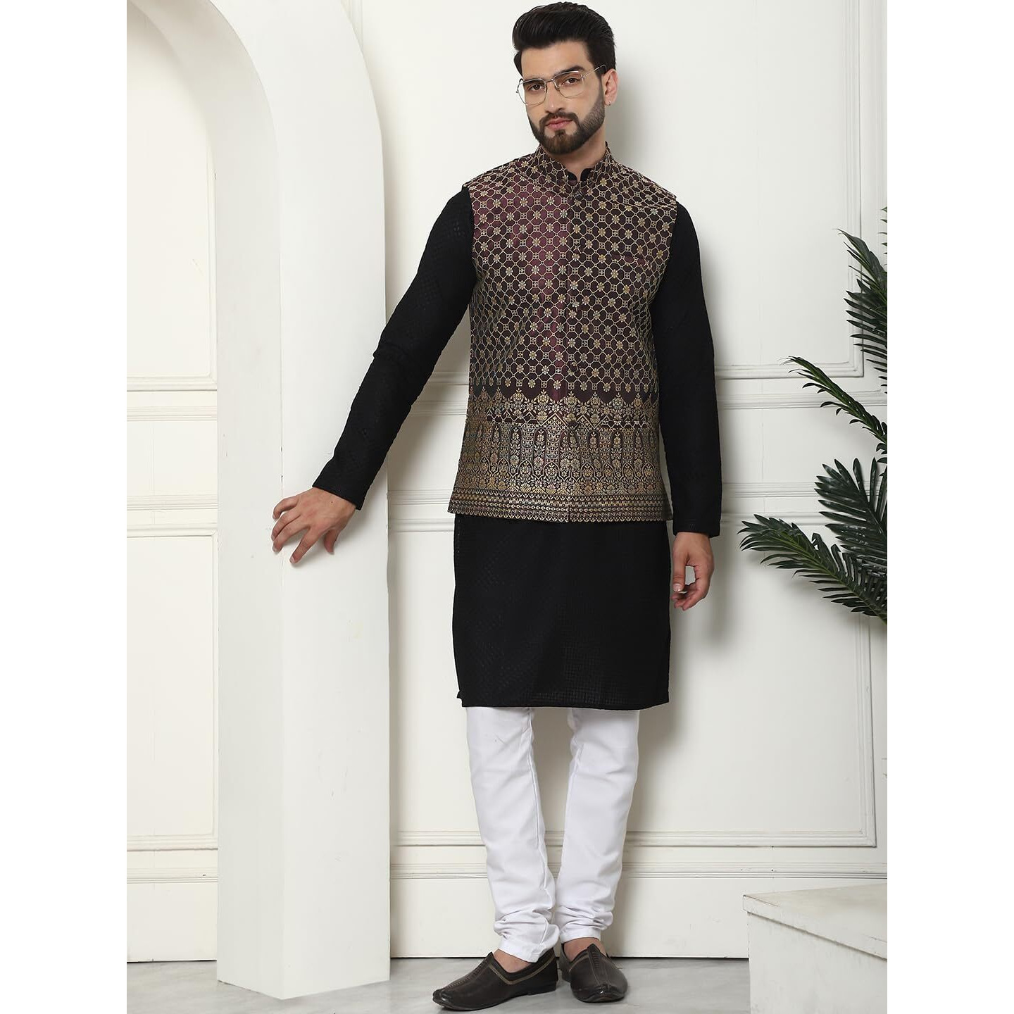 Sojanya (Since 1958 Mens Pure Cotton Black Kurta And White Pyjama With Wine Nehru Jacket