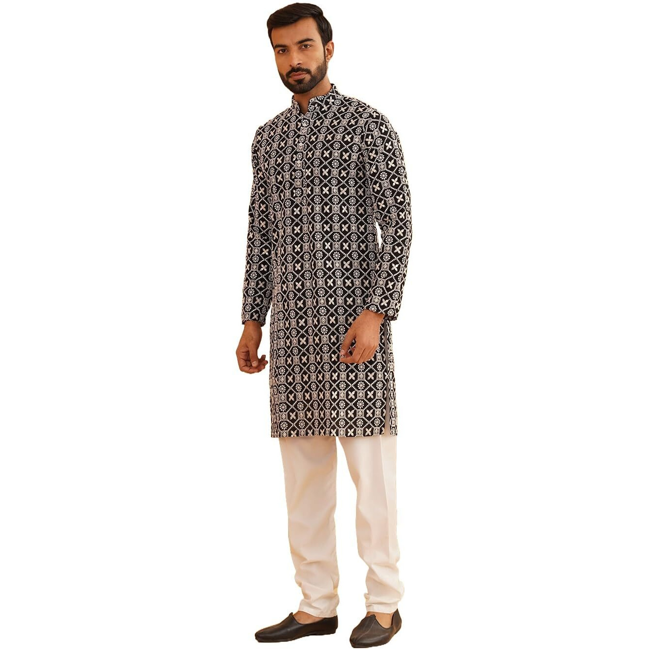 Sojanya (Since 1958 Mens Cotton Gold Sequence Embroidered Black Kurta With White Churidaar Pyjama