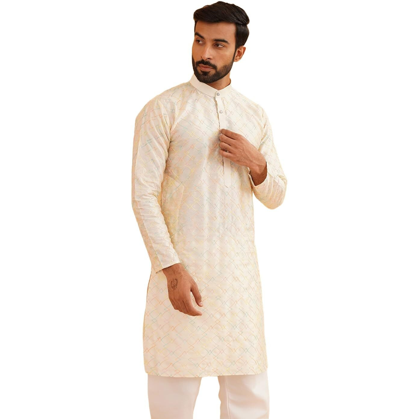 Sojanya (Since 1958 Mens Silk Blend Cream Kurta With Multi Color Embroidery Size 36