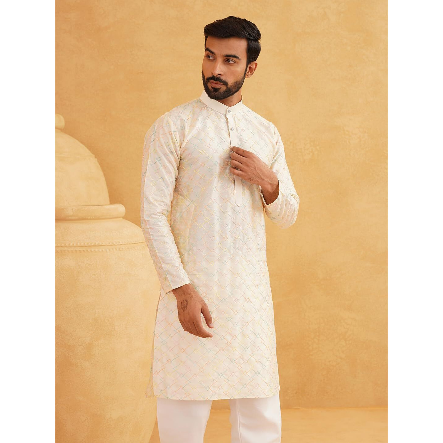 Sojanya (Since 1958 Mens Silk Blend Cream Kurta With Multi Color Embroidery Size 36