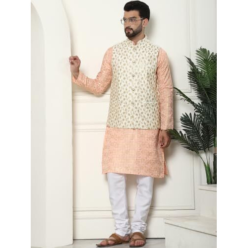 Sojanya (Since 1958 Mens Cotton Foil Printed Peach Kurta And White Pyjama With Embroidered Cream Nehru Jacket
