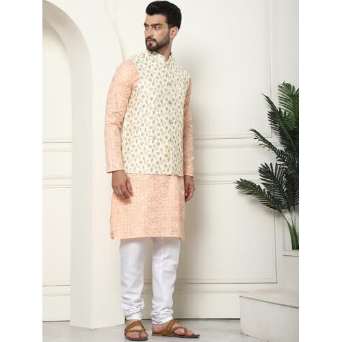 Sojanya (Since 1958 Mens Cotton Foil Printed Peach Kurta And White Pyjama With Embroidered Cream Nehru Jacket
