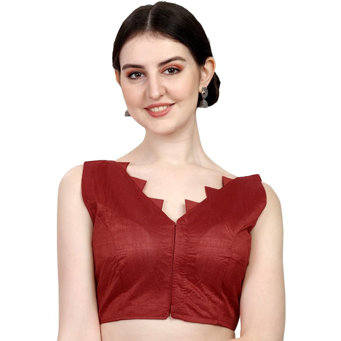 Pujia Mills Womens Multicolor V Neck Heavy Phantom Silk Sleeveless Readymade Blouse (Sleeves Attached Inside) (Maroon, 38)