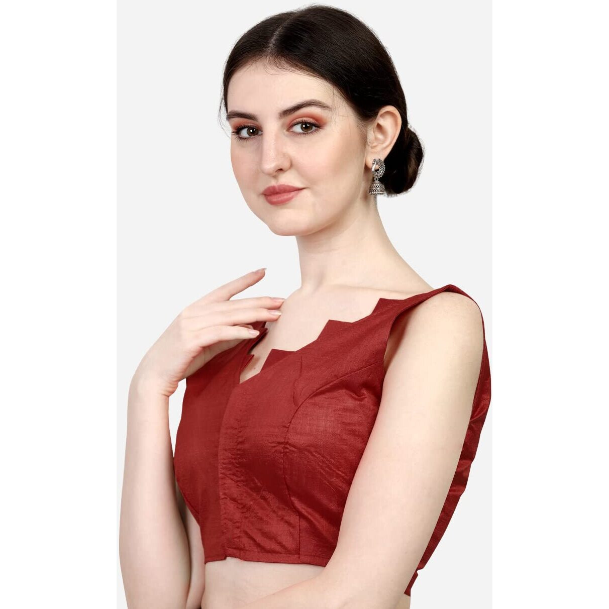 Pujia Mills Womens Multicolor V Neck Heavy Phantom Silk Sleeveless Readymade Blouse (Sleeves Attached Inside) (Maroon, 38)