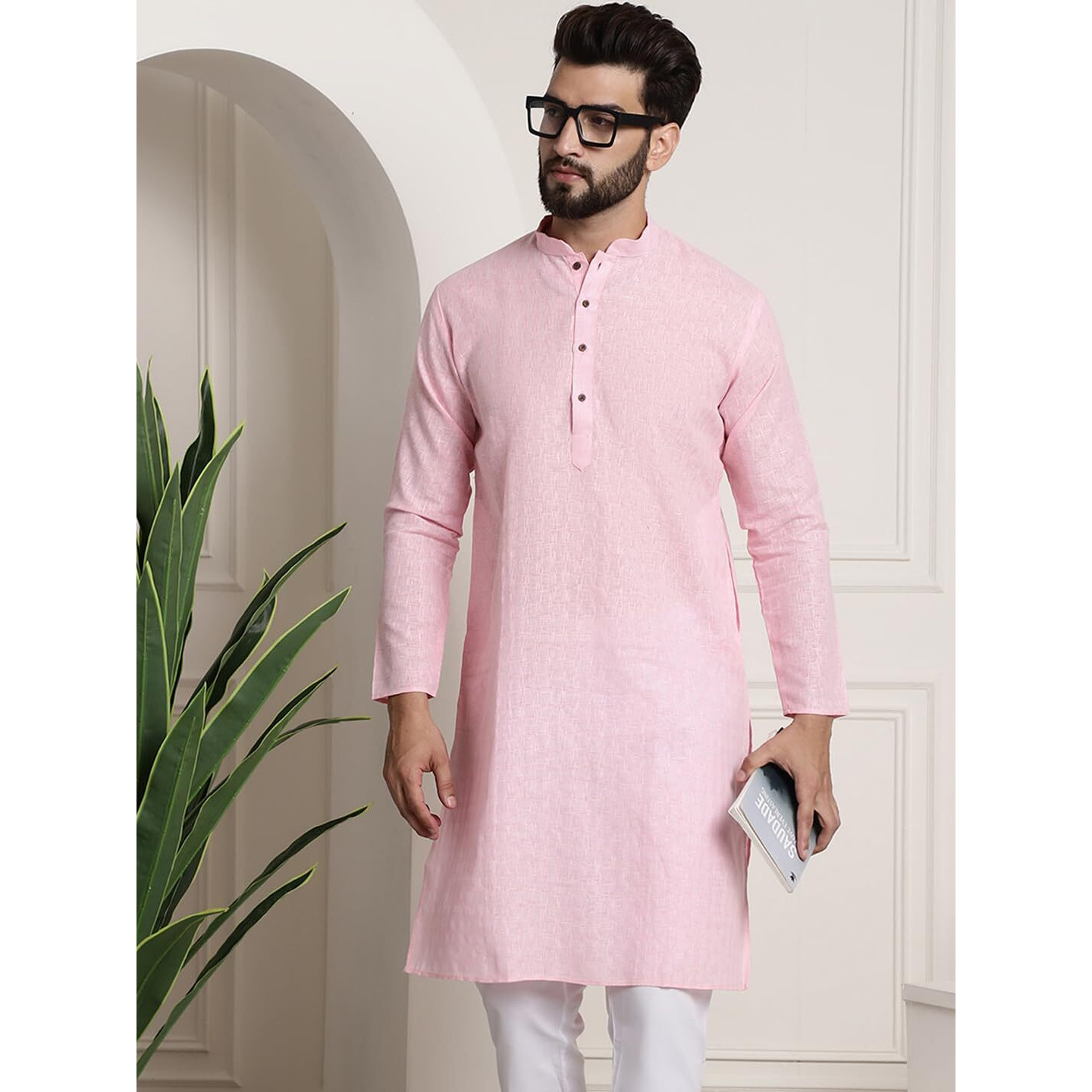 Sojanya (Since 1958 Mens Cotton Blend Pink Checked Only Kurta