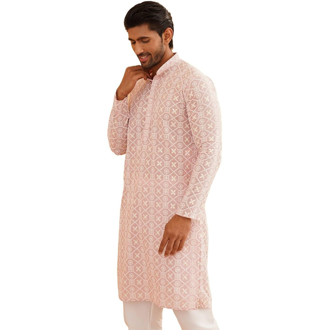 Sojanya (Since 1958 Mens Ethnic Motifs Embroidered Regular Thread Work Cotton Pink Long Kurta