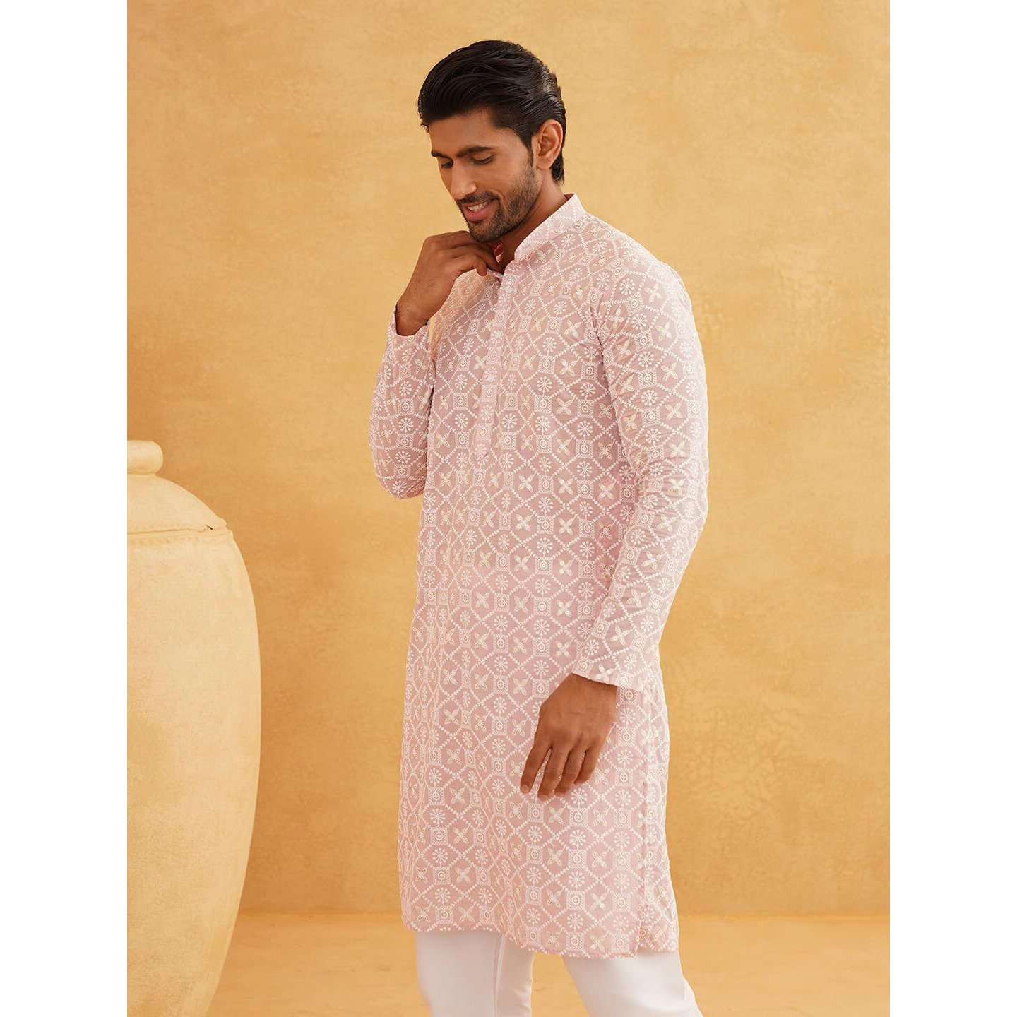 Sojanya (Since 1958 Mens Ethnic Motifs Embroidered Regular Thread Work Cotton Pink Long Kurta