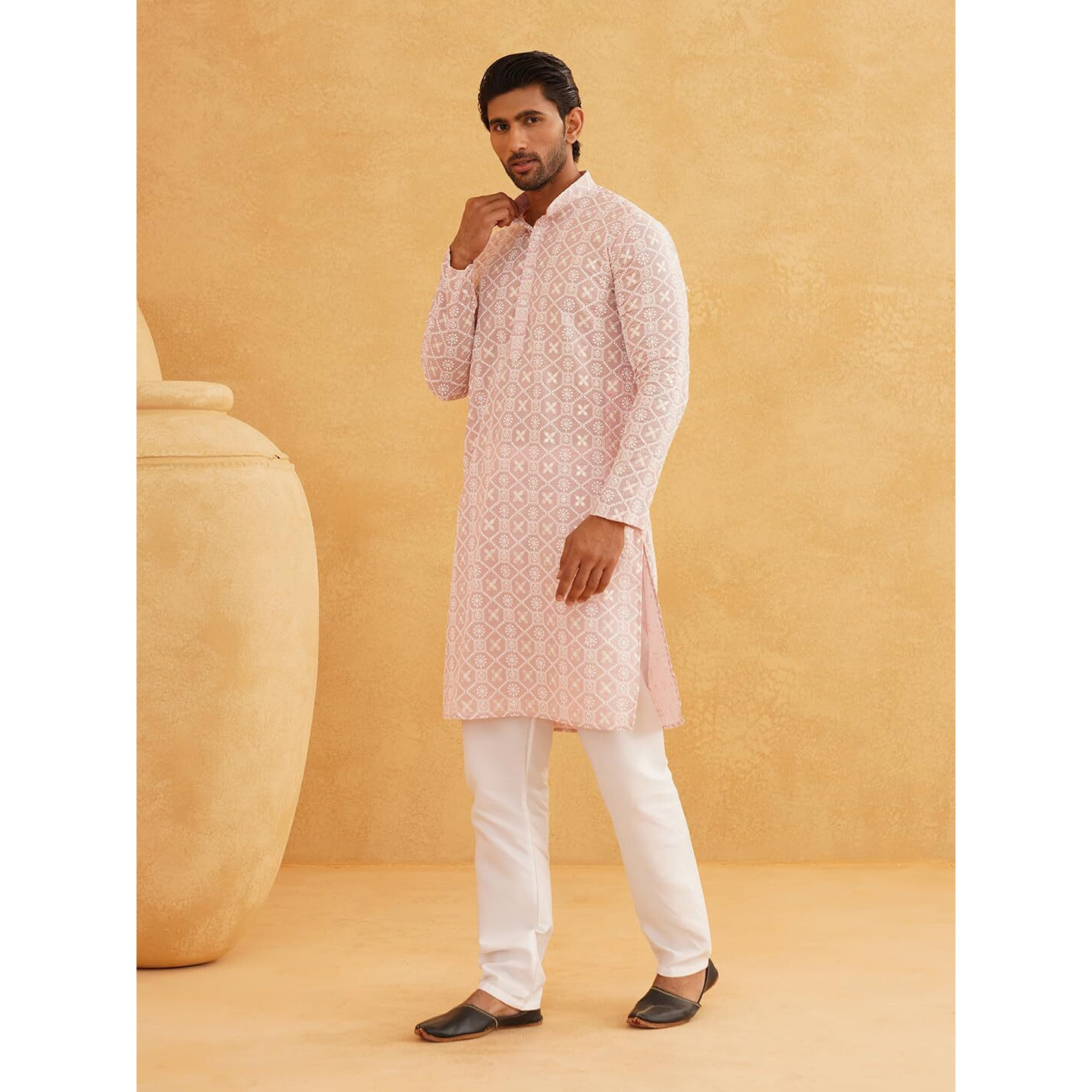Sojanya (Since 1958 Mens Ethnic Motifs Embroidered Regular Thread Work Cotton Pink Long Kurta