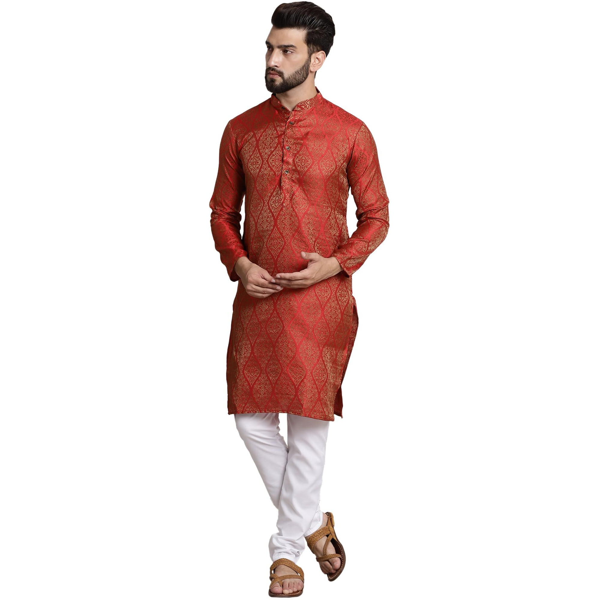 Sojanya (Since 1958 Mens Silk Blend Red Self Design Kurta And White Churidar Pyjama Set