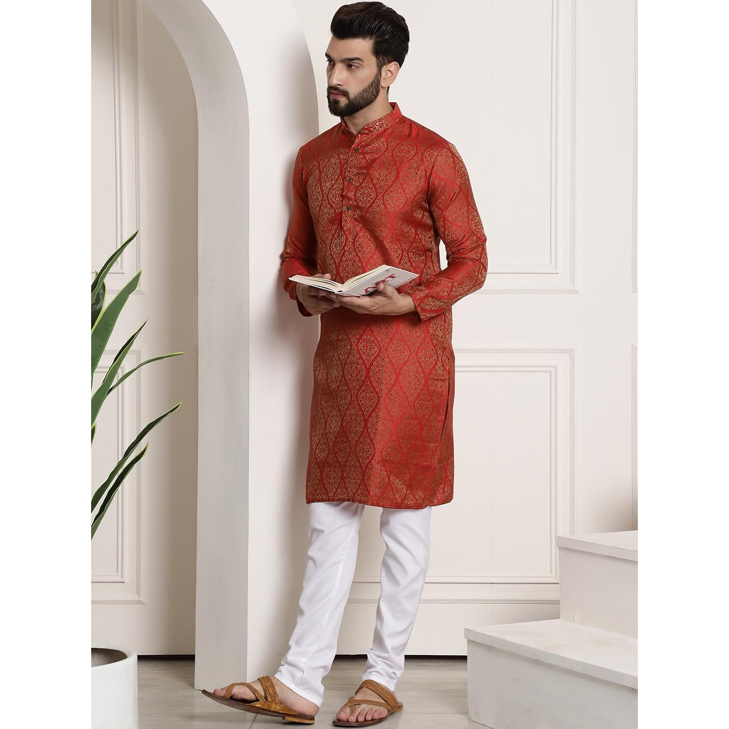 Sojanya (Since 1958 Mens Silk Blend Red Self Design Kurta And White Churidar Pyjama Set