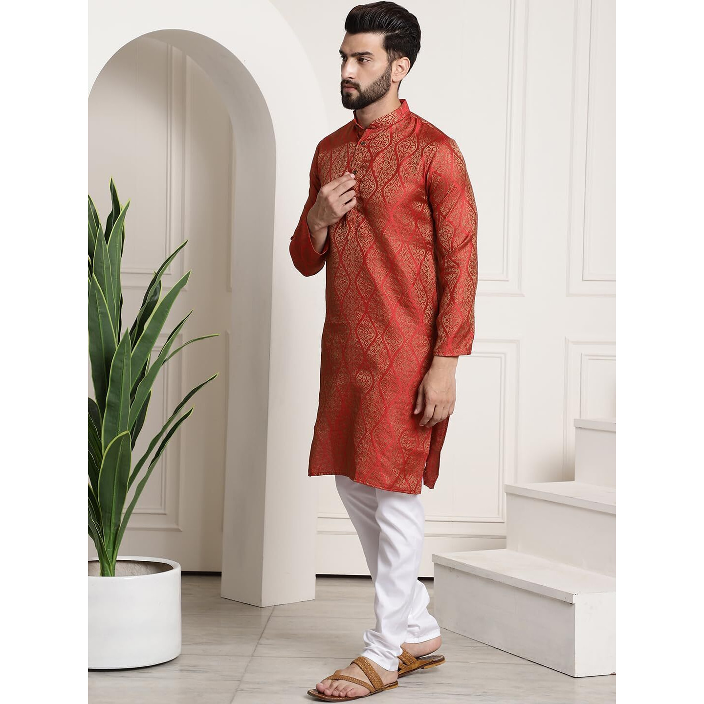 Sojanya (Since 1958 Mens Silk Blend Red Self Design Kurta And White Churidar Pyjama Set