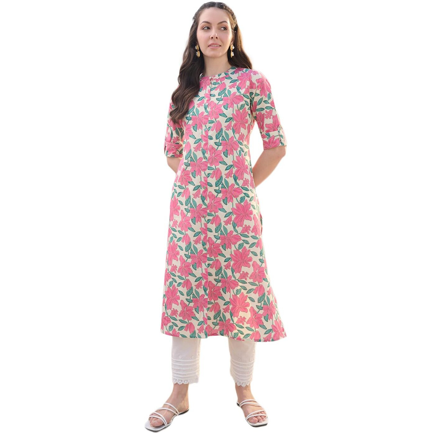 Stylum Womens Floral Printed Cotton Flax A-Line Kurta (Pinkjazzy36_Pink, S)