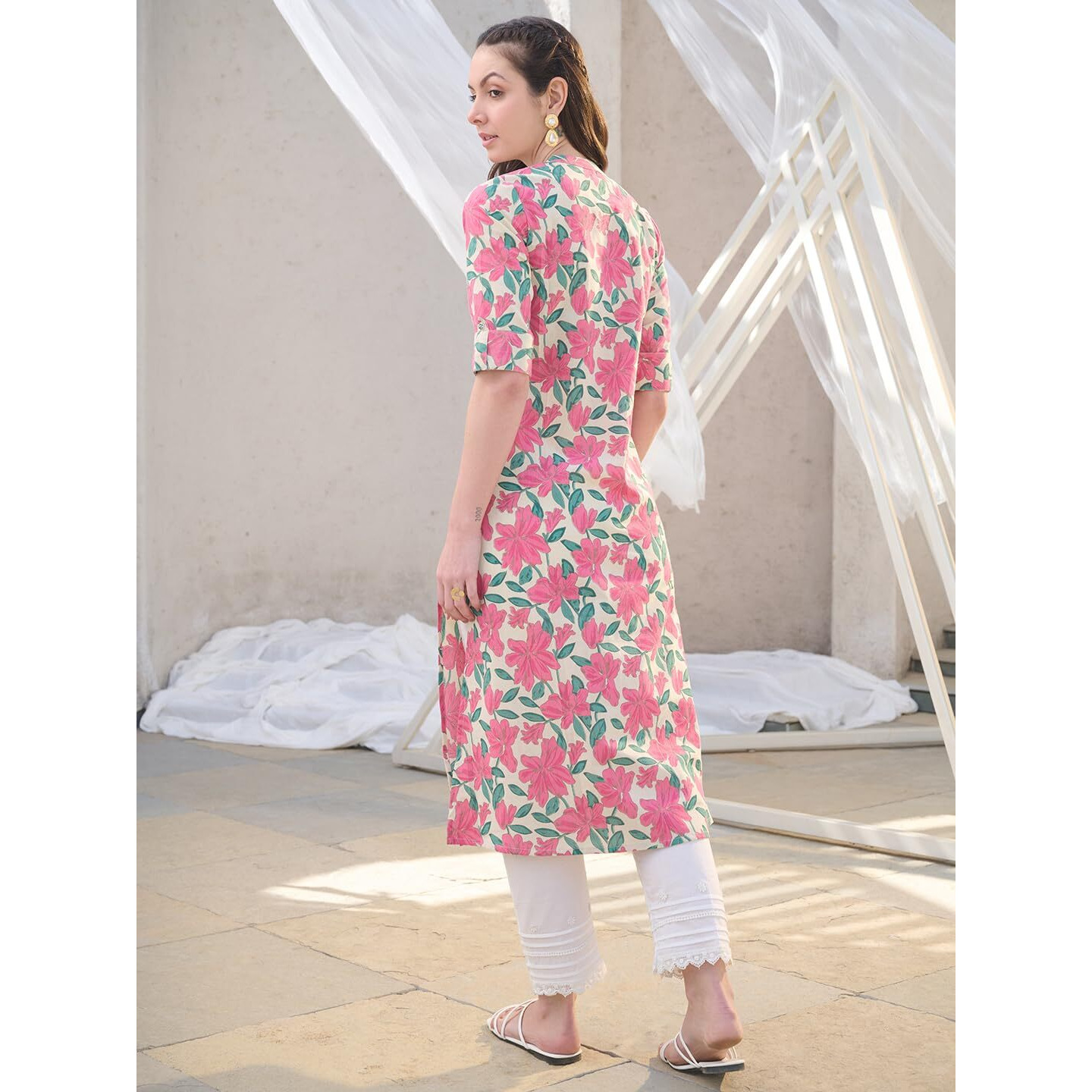 Stylum Womens Floral Printed Cotton Flax A-Line Kurta (Pinkjazzy36_Pink, S)