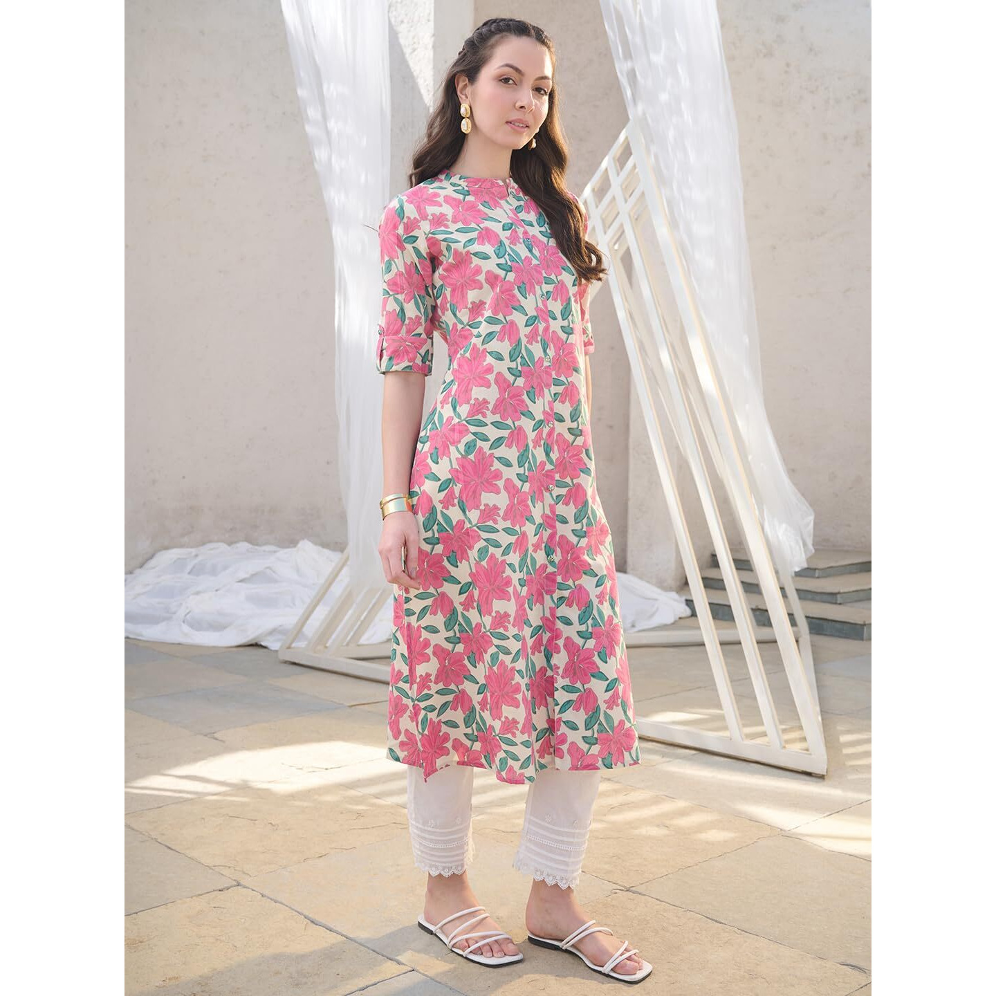 Stylum Womens Floral Printed Cotton Flax A-Line Kurta (Pinkjazzy36_Pink, S)