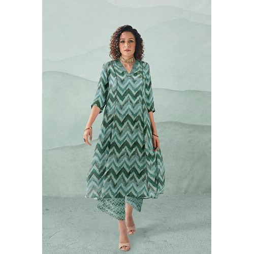 Toochki Dress For Women | Two Piece Dress For Women Long | Dress | Maxi Dress For Women | Dresses | Zig Zag Printed Dress | Cotton Dress For Women | Flared Dress | Dress With Palazzo For Womens Green