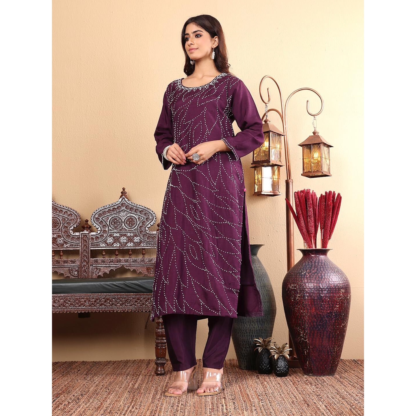 Varanga Women Purple Hand Embroidered French Knot Kurta With Tonal Bottom And Embroidered Dupatta.