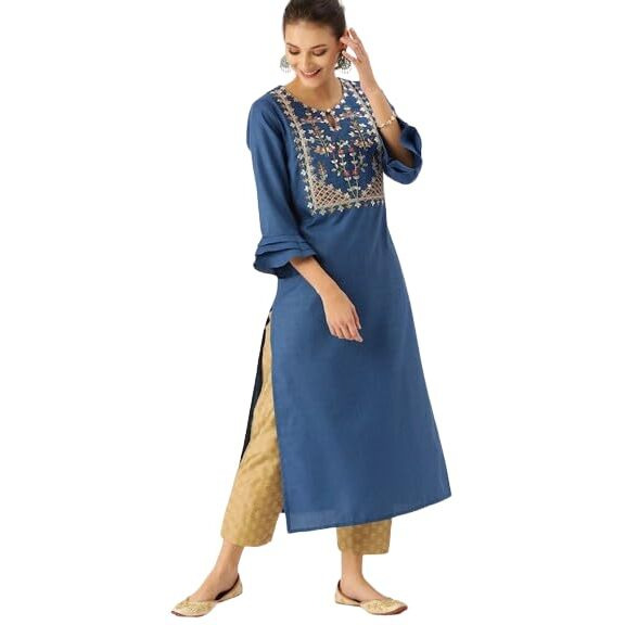 Varanga Women Blue & Multi Embroidered Straight Kurta