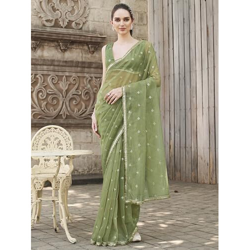 Womanista Women's Green Colored Shimmer Net Saree With Sequinned Butti And Embroidered Border(Ti6889_Green_Onesize)
