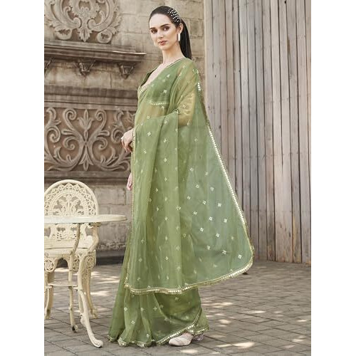 Womanista Women's Green Colored Shimmer Net Saree With Sequinned Butti And Embroidered Border(Ti6889_Green_Onesize)