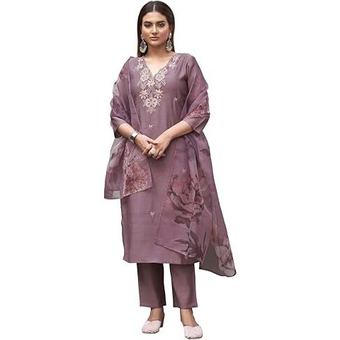 Womanista Women's Silk Blend Solid Straight Embroidered Kurta Set (Kurtaset_1394_Mauve