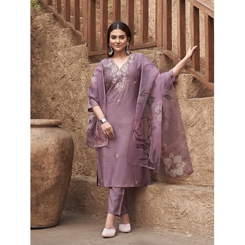 Womanista Women's Silk Blend Solid Straight Embroidered Kurta Set (Kurtaset_1394_Mauve