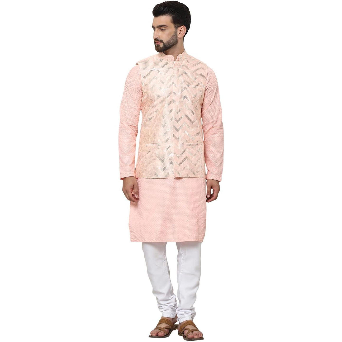 Sojanya (Since 1958 Men's Pure Cotton Peach Kurta And White Pyjama With Sequins Pink Nehru Jacket