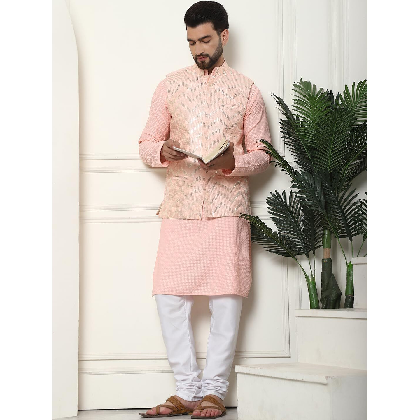 Sojanya (Since 1958 Men's Pure Cotton Peach Kurta And White Pyjama With Sequins Pink Nehru Jacket