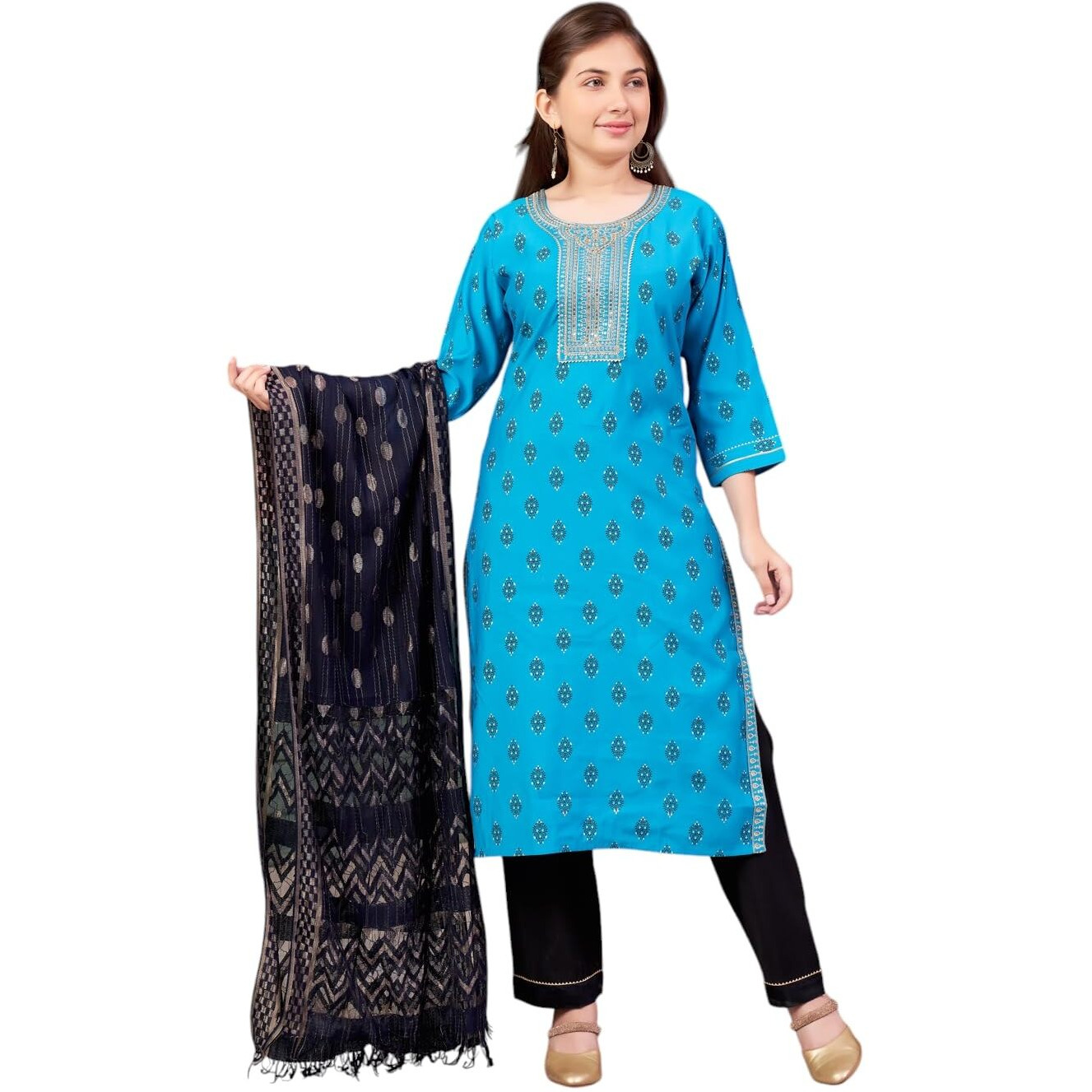 Aarika Girls Ethnic Wear Turquoise Colour Foil Print Embroidery Silk Kurti-8-15 Years (Kurti-Sd-5964)