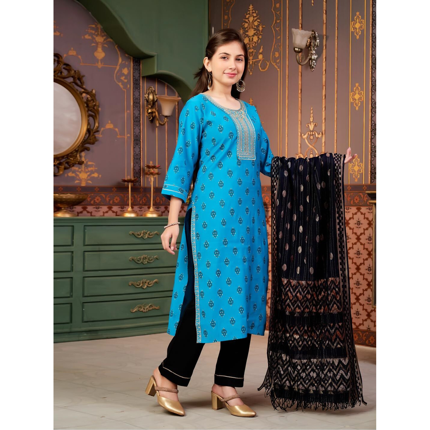 Aarika Girls Ethnic Wear Turquoise Colour Foil Print Embroidery Silk Kurti-8-15 Years (Kurti-Sd-5964)