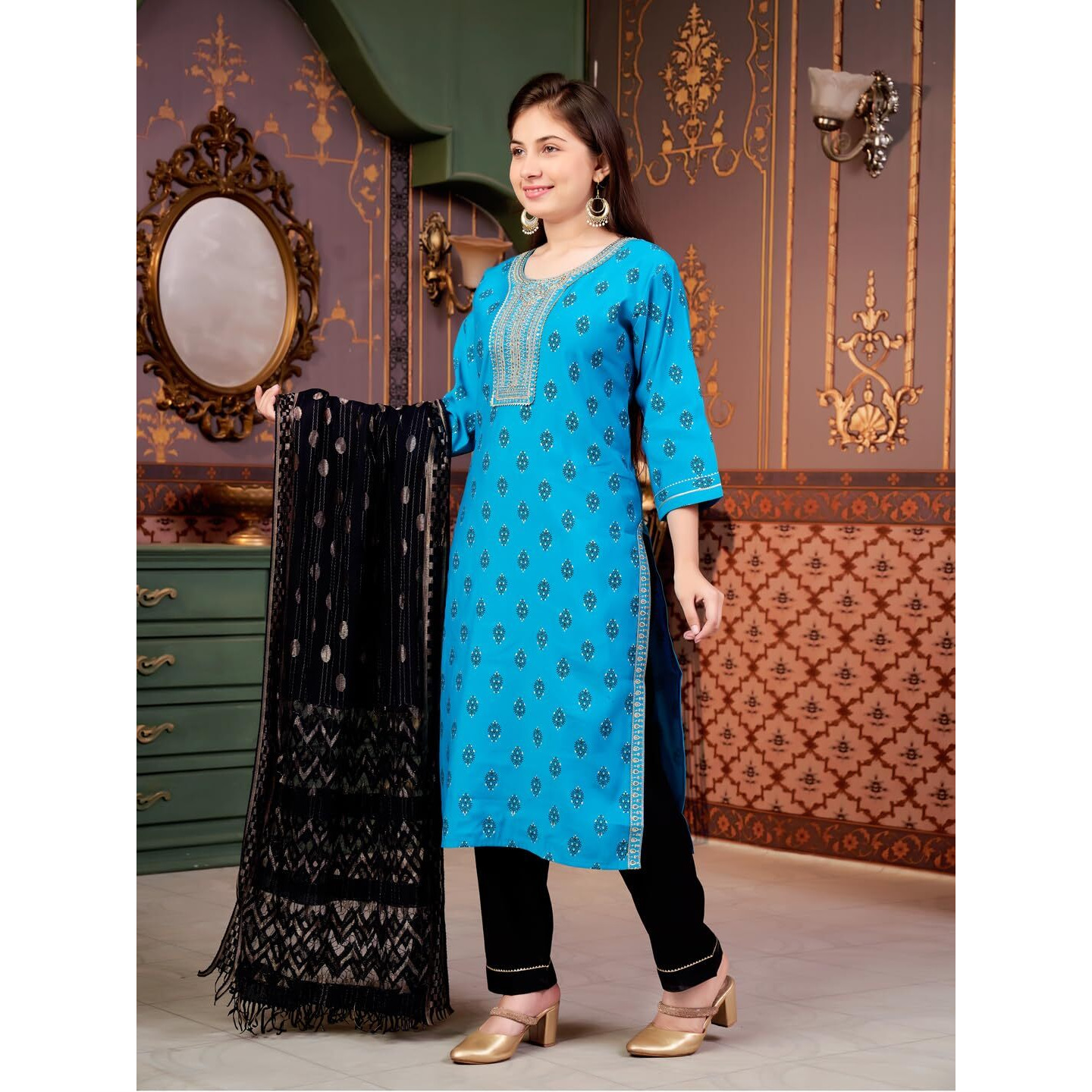 Aarika Girls Ethnic Wear Turquoise Colour Foil Print Embroidery Silk Kurti-8-15 Years (Kurti-Sd-5964)