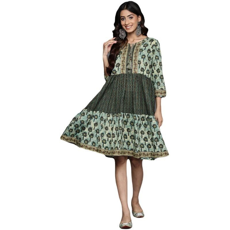 Varanga Women's Cotton A-Line Knee-Length Dress (Nv_Vdrs41038-Xs_Green