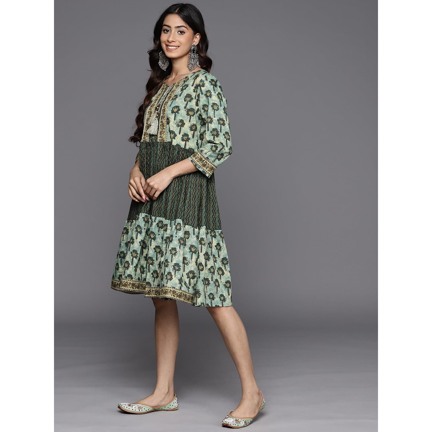 Varanga Women's Cotton A-Line Knee-Length Dress (Nv_Vdrs41038-Xs_Green