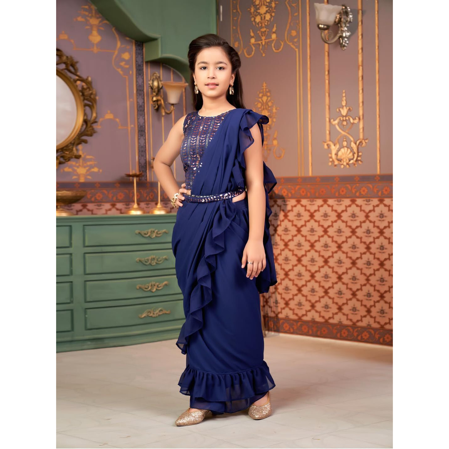 Aarika Girls Ethnic Wear Navy-Blue Colour Sequin Embroidery Georgette Lehenga Choli Set With Attached Dupatta-(4-9 Years)-(Lch-Shm-5015-Navy-Blue-24)