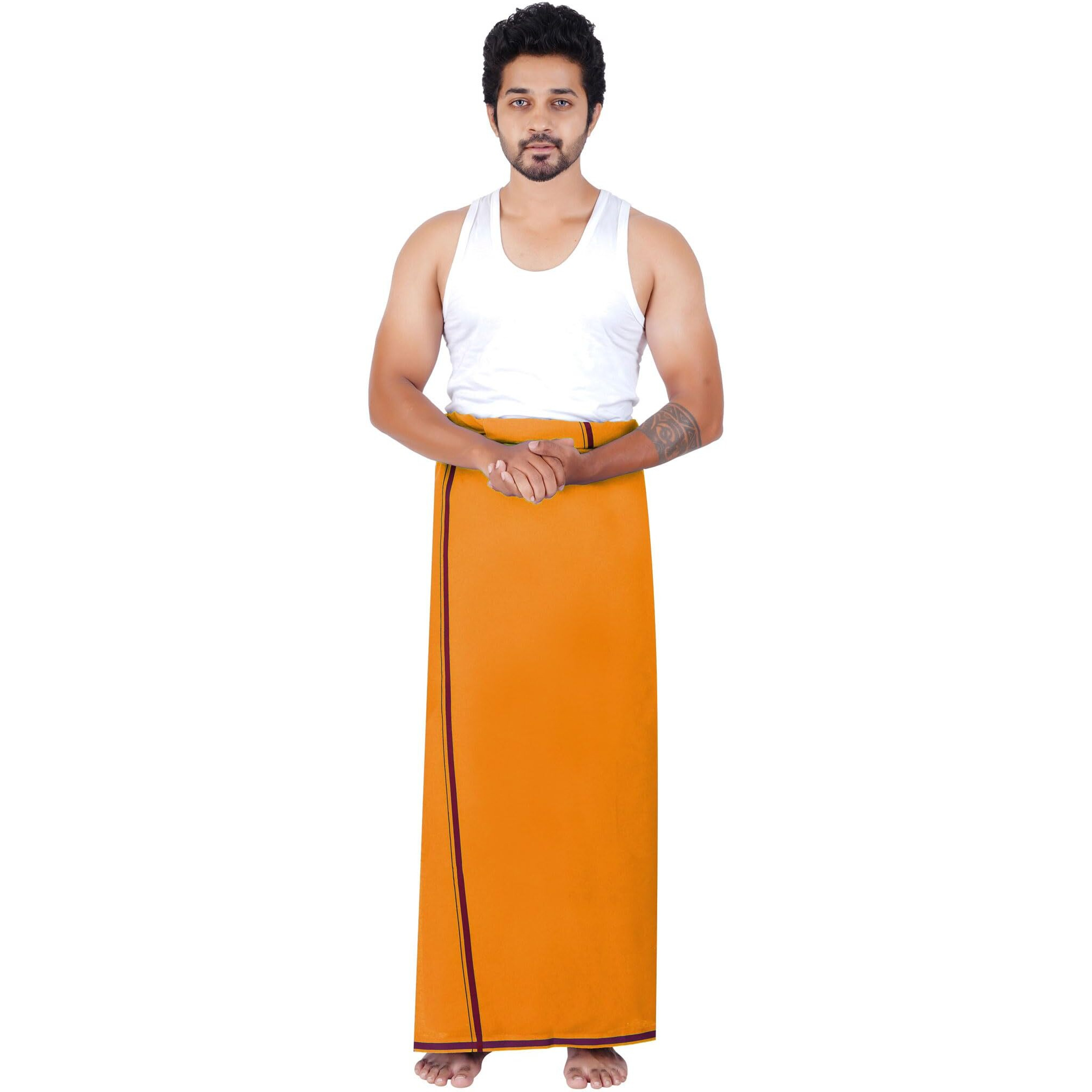 Prakasam Cotton Men's Single (1.30X2.00 Mtrs-4 Yard) Mango Colour Solid Hb Border Men Dhoti