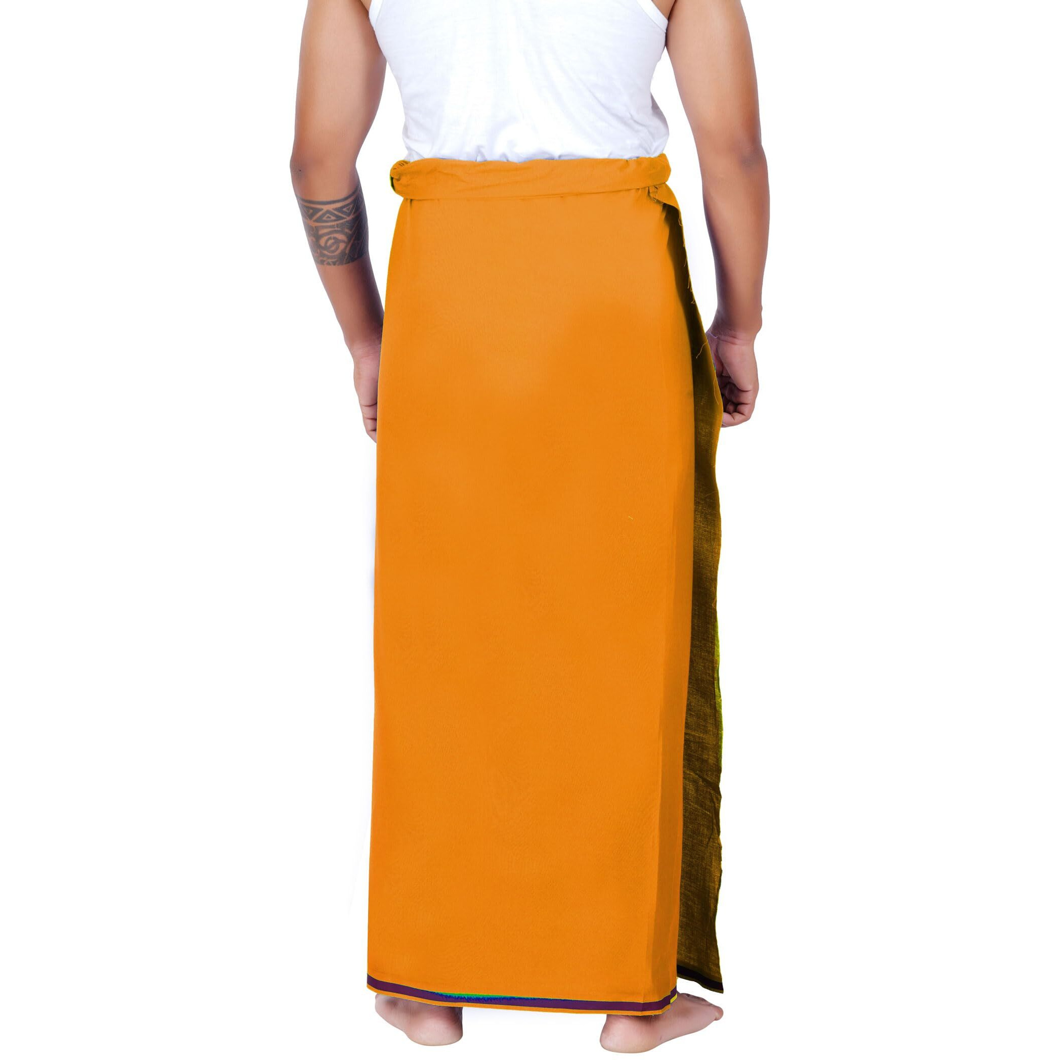 Prakasam Cotton Men's Single (1.30X2.00 Mtrs-4 Yard) Mango Colour Solid Hb Border Men Dhoti