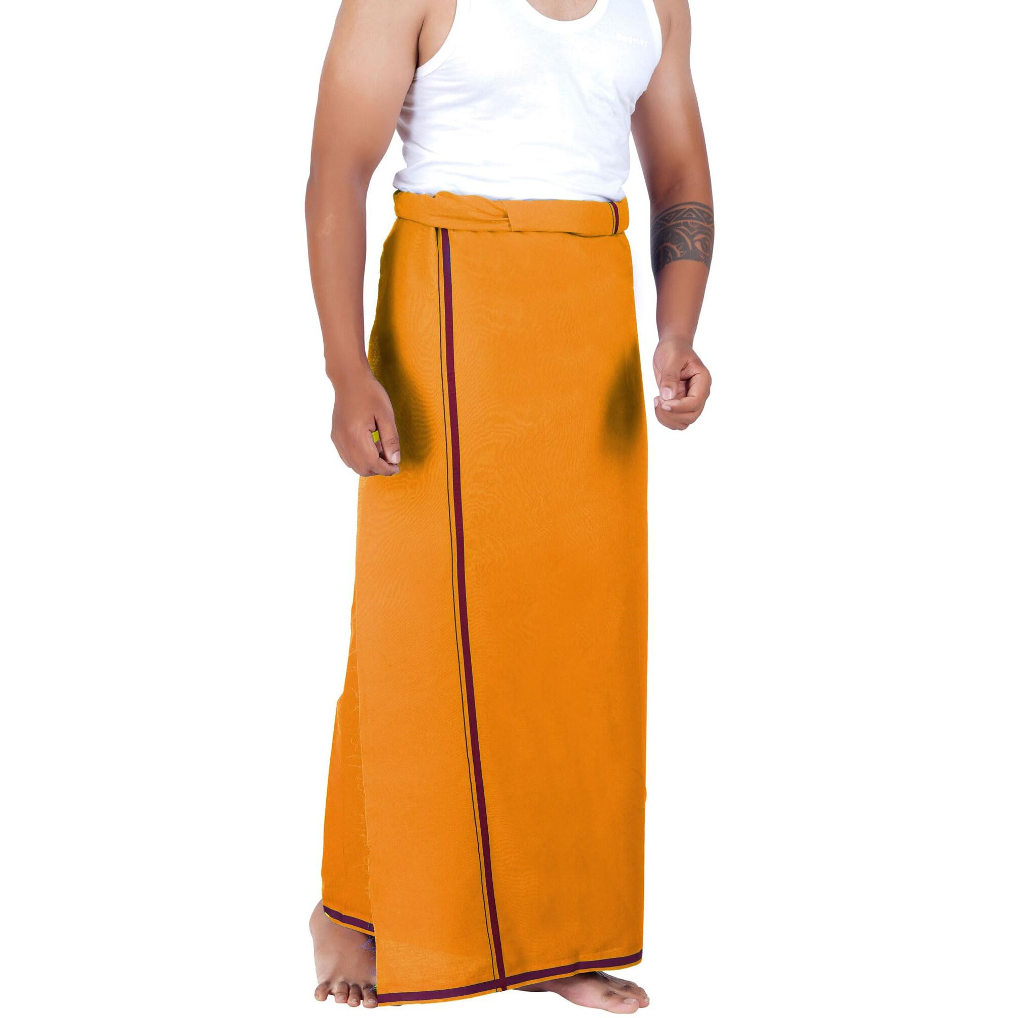 Prakasam Cotton Men's Single (1.30X2.00 Mtrs-4 Yard) Mango Colour Solid Hb Border Men Dhoti