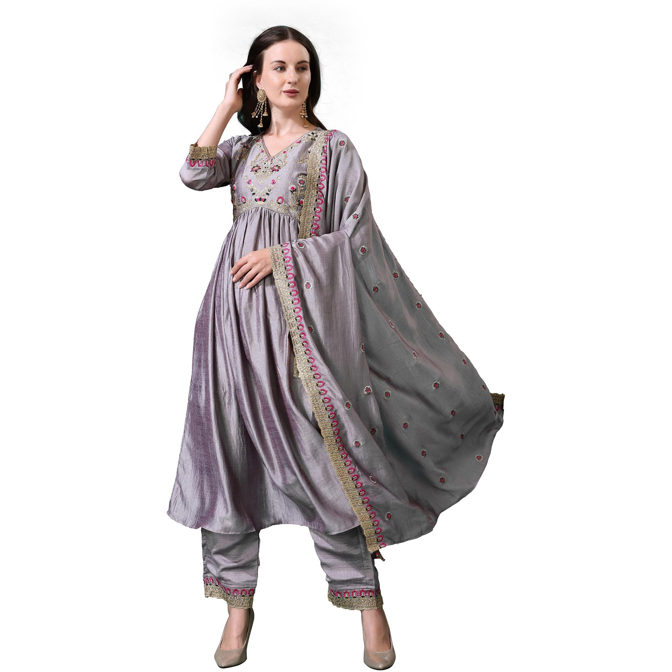 Pratham Blue Women's Silk Embroidered Anarkali Kurta Palazzos With Dupatta |Kurta Set For Women |Women Kurta |Women Embroidered Kurta Sets Kurtis (Bkp-1011-L_Grey Color)