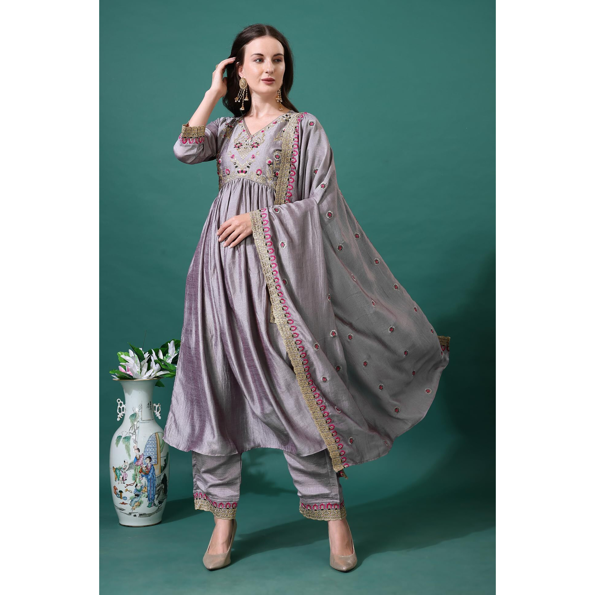 Pratham Blue Women's Silk Embroidered Anarkali Kurta Palazzos With Dupatta |Kurta Set For Women |Women Kurta |Women Embroidered Kurta Sets Kurtis (Bkp-1011-L_Grey Color)