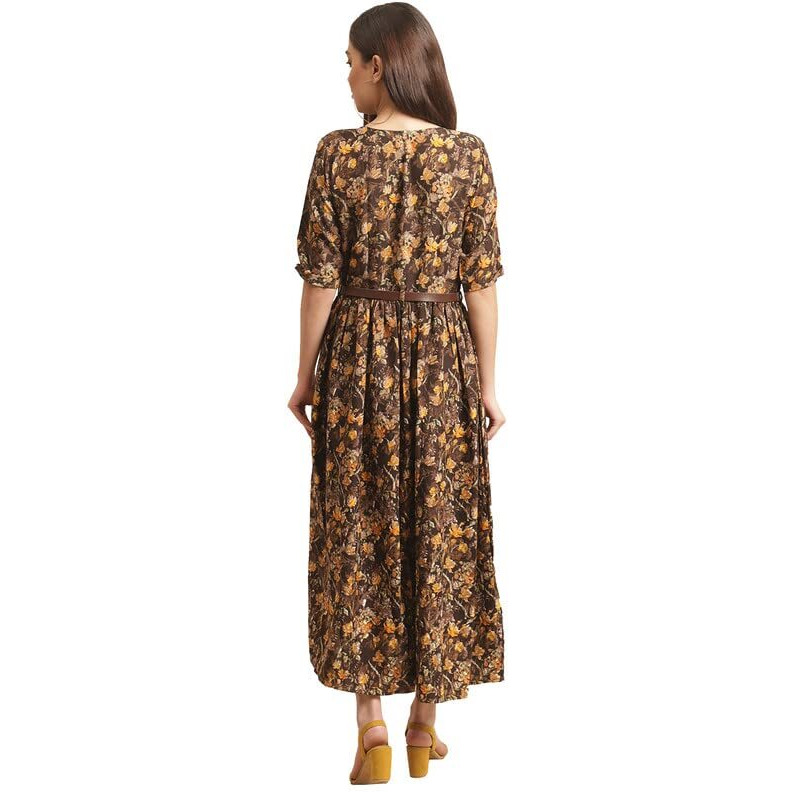 Preneum Women's Rayon Fit And Flare Standard Length Dress (Gown-A-110_Caramal Brown_S)