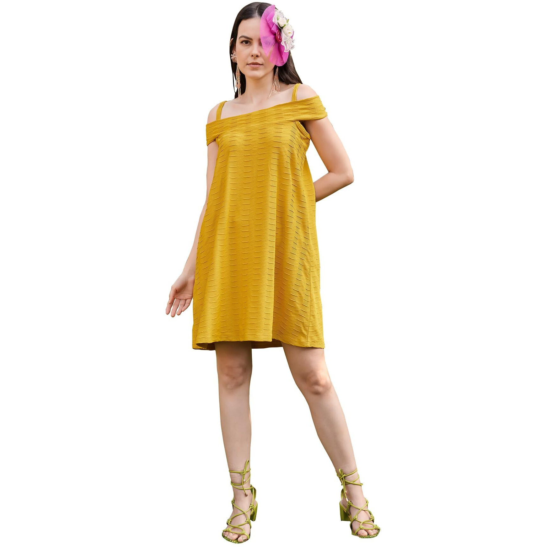 Purvaja Womens Tie-Up/Flared Above Knee Length Dress (Suzi-002-Yellow_Yellow_Large)